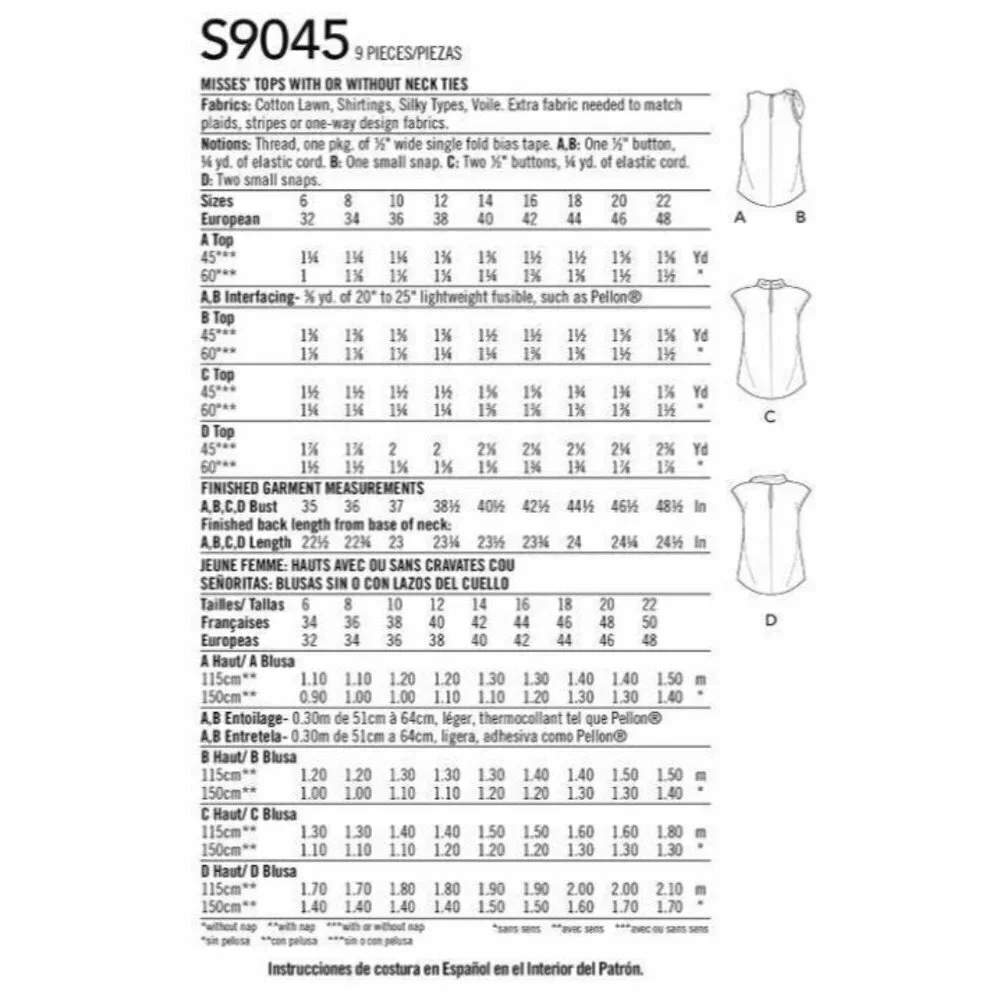 Simplicity Pattern S9045 R10429 Pullover Tops Neck Tie Detail‎ Size 6-14 UNCUT